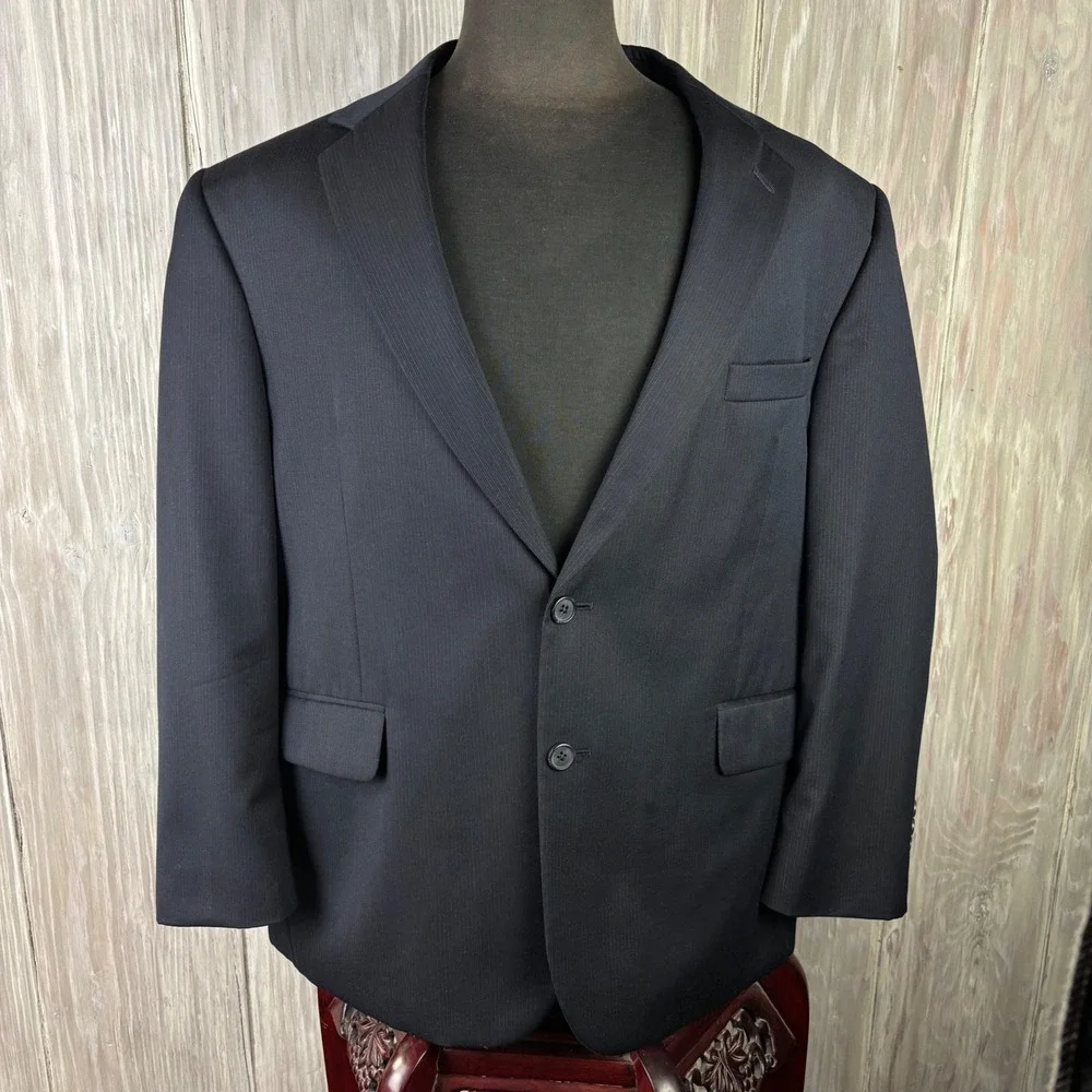 Stafford Signature Pinstripe Blazer Mens 46S Navy 2 Button Wool Jacket HOLE READ